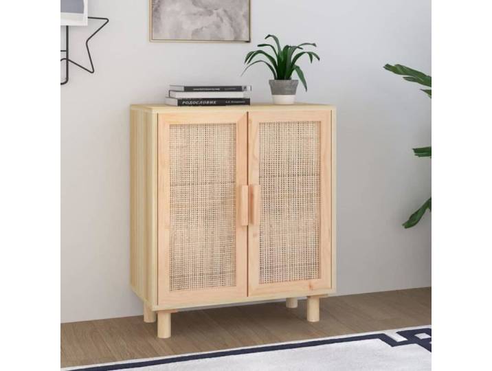 Buffet bas - ALOMEJOR - LeDivil - Bois de pin massif - Rotin naturel - 2 portes - 60x30x70 cm
