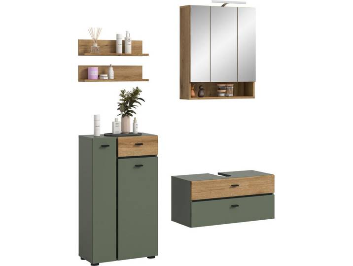 welltime Badmöbel-Set VANN, 5-teilige moderne Badkombination, inkl. Beleuchtung, (5-St., Midischrank, 2er Set Wandregal, Waschbeckenunterschrank,Spiegelschrank), Bad-Kombination, Bad-Möbel, Badezimmer, Kombination, Kombi, Bad-Set
