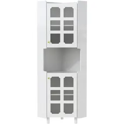 Merax Eckhochschrank 157.5 cm, LED-Beleuchtung mit Farbwechsel, platzsparender Mehrzweckschrank für Ecken, 2 Schränke und offenes Fach, Weiß