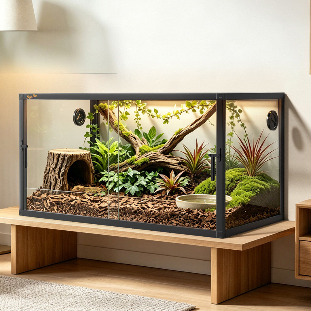 UNHO Tempered Glass Reptile Terrarium with Aluminium Frame Black 100x50x53cm
