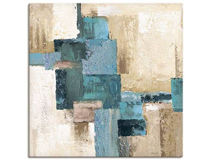 ARTLAND Wanddeko Leinwand Bilder Wandbild 100x100 cm Quadratisch Gemälde Modern Abstrakte Kunst Türkis S7HX