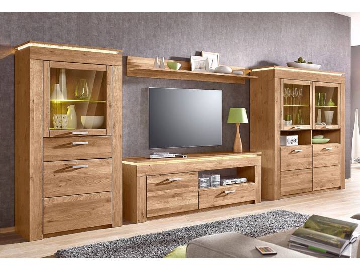 Wohnwand VOGL MÖBELFABRIK, braun (wildeiche teilmassiv), Kastenmöbel-Sets, Wohnwand, Set 4 tlg. besteht aus 2 Vitrinen, 1 Lowboard und 1 Wandregal