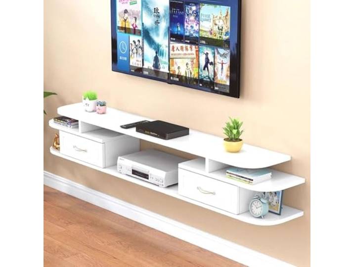 Schwimmender TV-Ständer, wandmontiertes Entertainment-Center, groß Stauraum mit verschiebbaren offenen Regalen auf der Tischplatte hängend