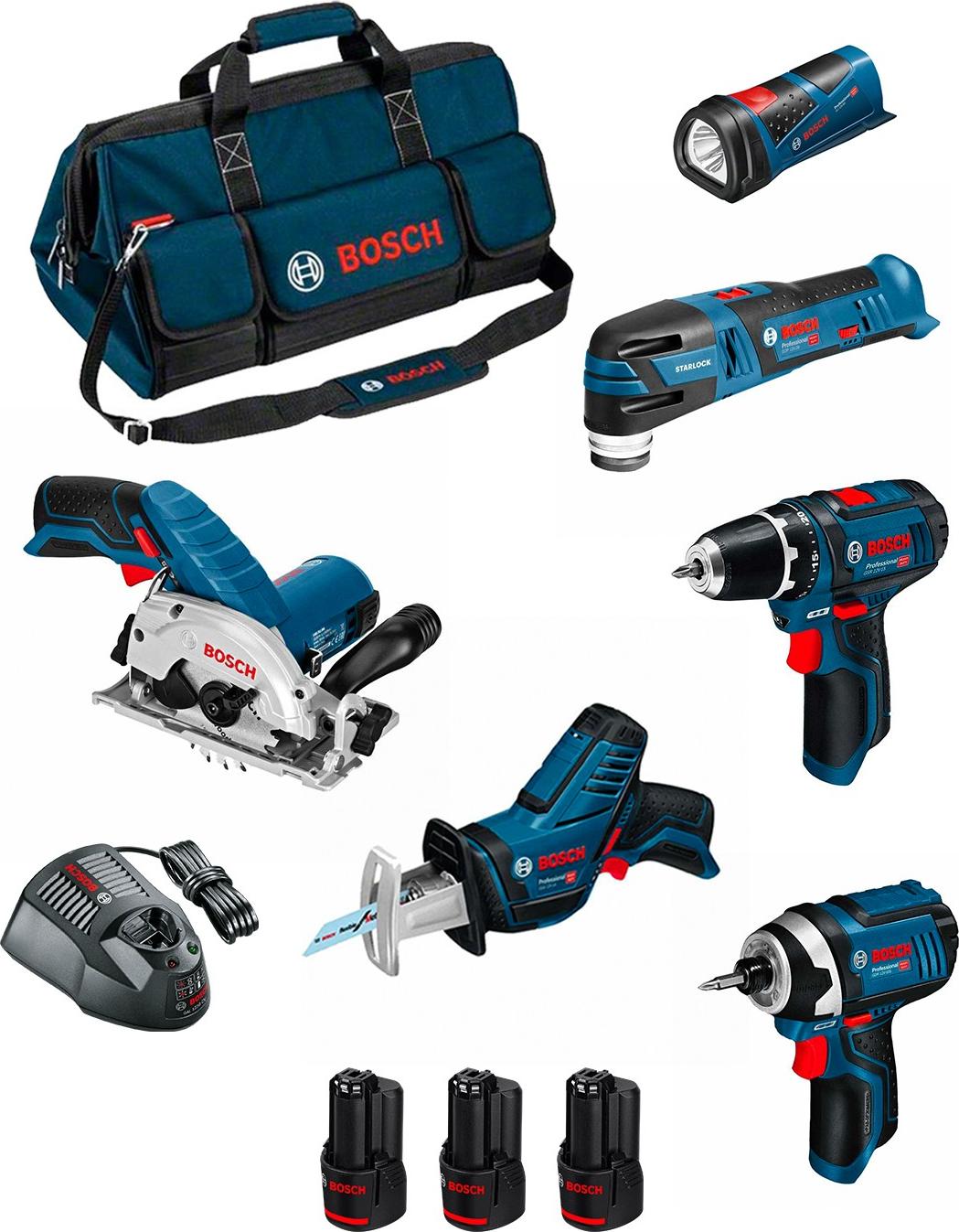BOSCH Kit BMKB6-28AD3 (GSR 12V-15 + GDR 12V-105 + GKS 12V-26 + GOP 12V-28 + GSA 12V-14 + GLI 12V-80 + 3x2,0Ah +GAL1230CV +HDBAG)