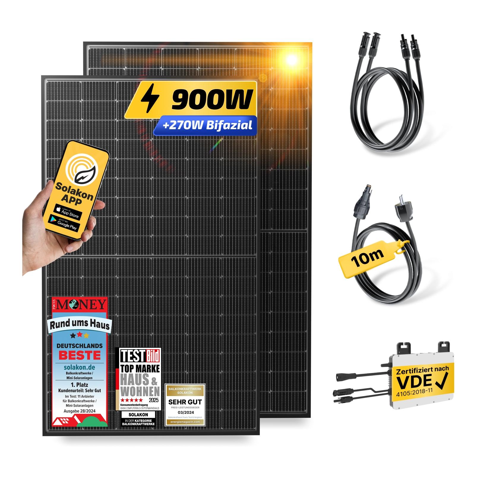 Balkonkraftwerk 900W/800W Solaranlage Steckerfertig WIFI Komplettset Photovoltaik Anlage 800W, Kabellänge: 10m