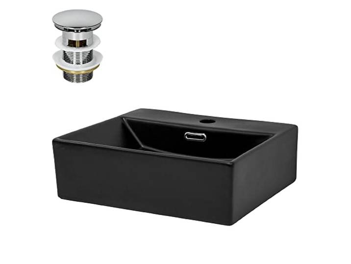 ML-Design Waschbecken Keramik Schwarz 415x365x130mm inkl. Ablaufgarnitur Eckige Aufsatzwaschbecken Moderne Waschtisch Waschschale mit Überlauf und Abflussloch Waschplatz Handwaschbecken für Badezimmer