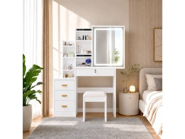 Schminktisch mit LED-Beleuchtung Spiegel,Einstellbare Helligkeit (125) Frisiertisch mit 4 Schubladen und 3 Ablagen, Modern Kosmetiktisch aus Holz