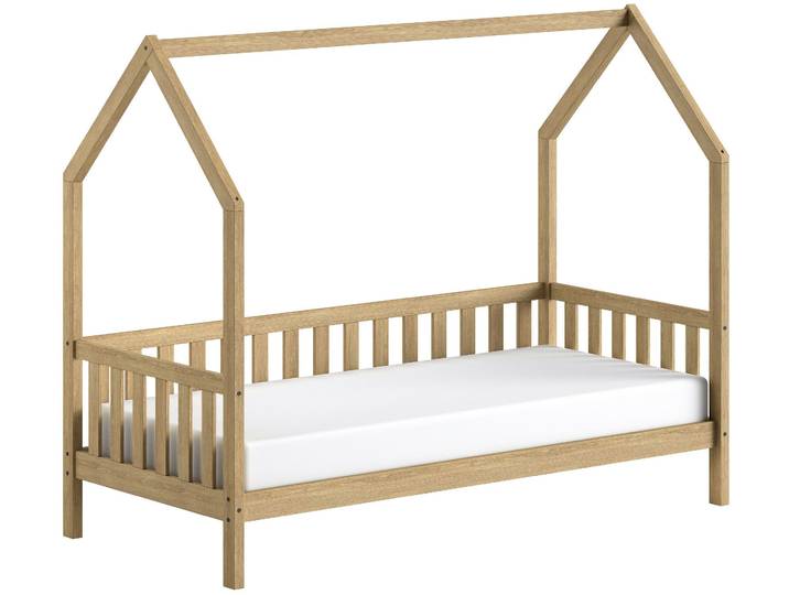 Hausbett VIPACK Cabane, mit Dachaufbau und Sprossenumrandung in Landhaus-Optik , braun (eiche natur, eiche natur, eiche natur), B:98cm H:169cm L:208cm, Betten, Hausbett, sehr stabil und standfest gebaut inkl. Massivholz Rolllattenrost