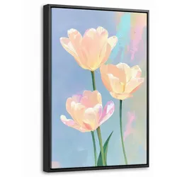 LEINWAND Bilder mit Rahmen - Tulpen - Rosa Akzente - Blau - 20x30