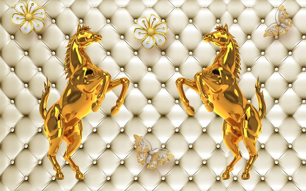Papermoon "Muster mit Pferden gold weiss" bunt B/L: 2m x 1,49m, Bahnen: 4 Stk.