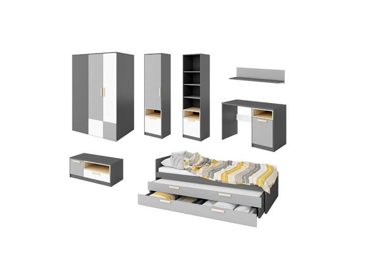 Feldmann-Wohnen Jugendzimmer-Set Pok graphit / grau / weiß / Buche Ibsen 7-teilig, Grau, Weiß, 10 Fächer, 4 Schubladen, Rechteckig,Rechteckig, 696x193x95 cm, Babymöbel & Kindermöbel, Kinderzimmer & Jugendzimmer, komplette Jugendzimmer