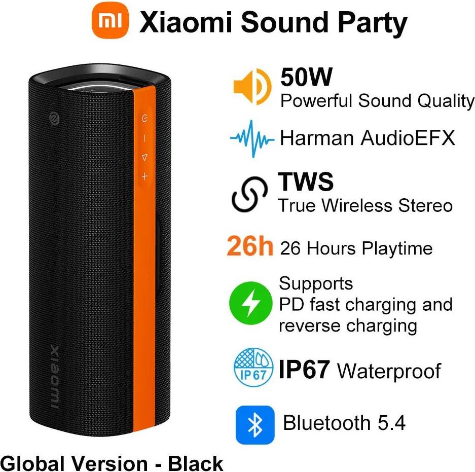 Sound Party - Tragbarer Bluetooth-Lautsprecher - Globale Version - 50W Stereo - Bluetooth 5.4 - 26 Std. Laufzeit - IP67 Wasserdicht - TWS & Party Connect bis 100 - Schwarz