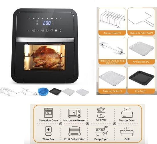Zwarte heteluchtfriteuse van 12 liter met digitaal touchscreen en grillfunctie