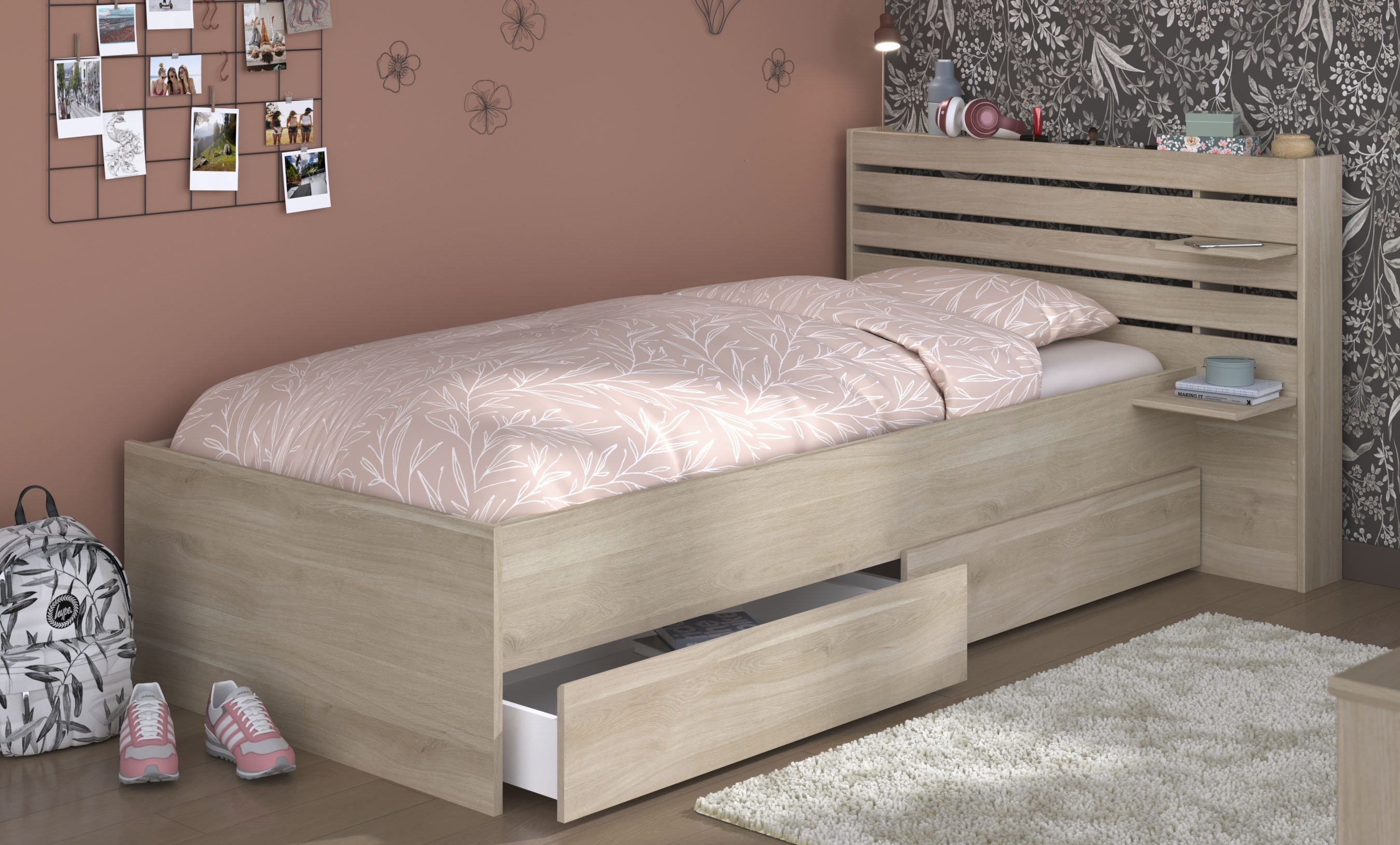 Stauraumbett PARISOT "Escale", beige (157, japanische eiche nachbildung), Betten, Stauraumbett, inklusive 2 Schubkästen auf Rollen 157, japanische eiche nachbildung Einheitsgröße
