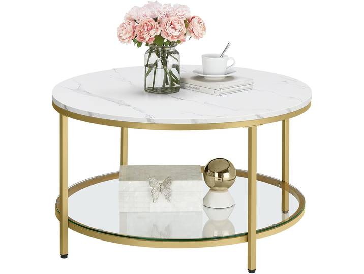 Couchtisch Glasplatte Marmor Optik Wohnzimmer Stauraum Gold
