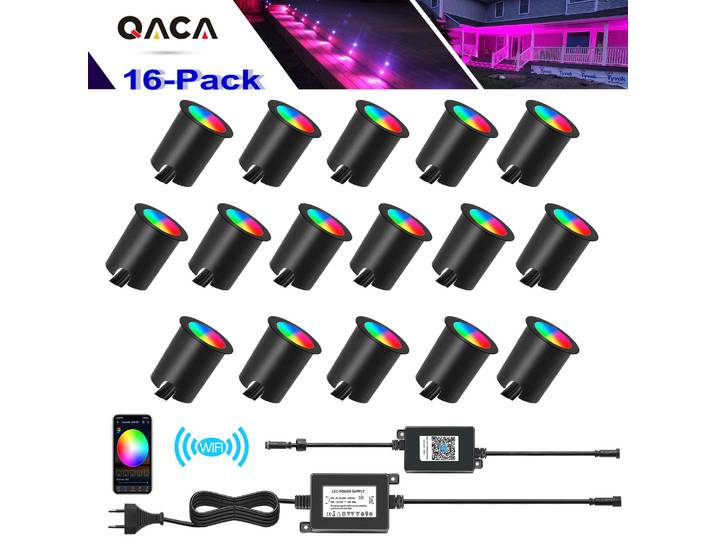 QACA WIFI RGB LED Éclairage de terrasse IP67 étanche, coloré, encastré pour extérieur, jardin, terrasse, paysage, escaliers, marches de patio