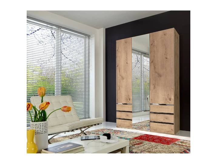 Drehtürenschrank Level 36A 150 x 216cm Beige/Plankeneiche Dekor mit Spiegeltür/-en