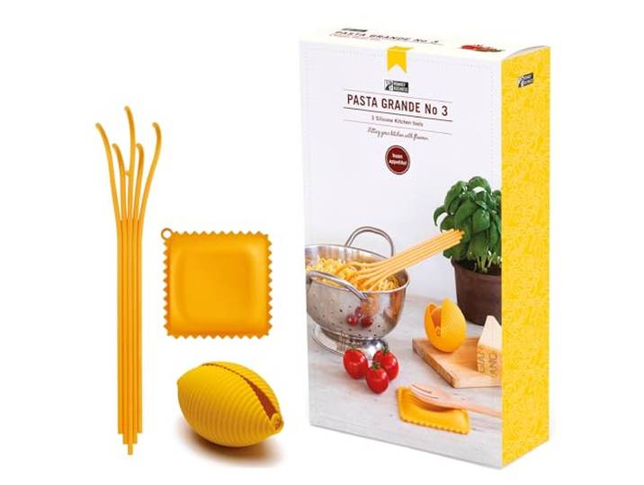 Monkey Business Siliconen keukengerei in geschenkdoos/3 grote keukengadgets in pastavorm/ravioli lepelsteun, conchiglie citroenpers, serveerlepel
