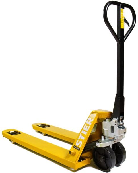 Transpalette STIER, jaune, charge 2 500 kg, longueur des fourches 1 150 mm, chariot élévateur manuel, transpalette, galets en nylon, angle de braquage 210°, transpalette à main, transpalette 2 500 kg (903469)