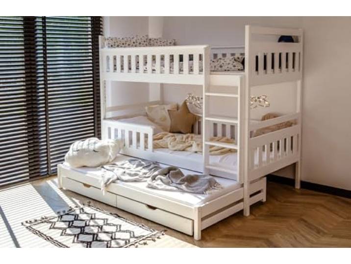 Kids Collective Hochbett 90x200 mit Ausziehbett Etagenbett mit Ausziehfunktion, Zwei Schubladen, Lattenrost, Rausfallschutz, umbaubar in DREI Einzelbetten, Vollholz massiv in Weiss 4.-18. Lebensjahr