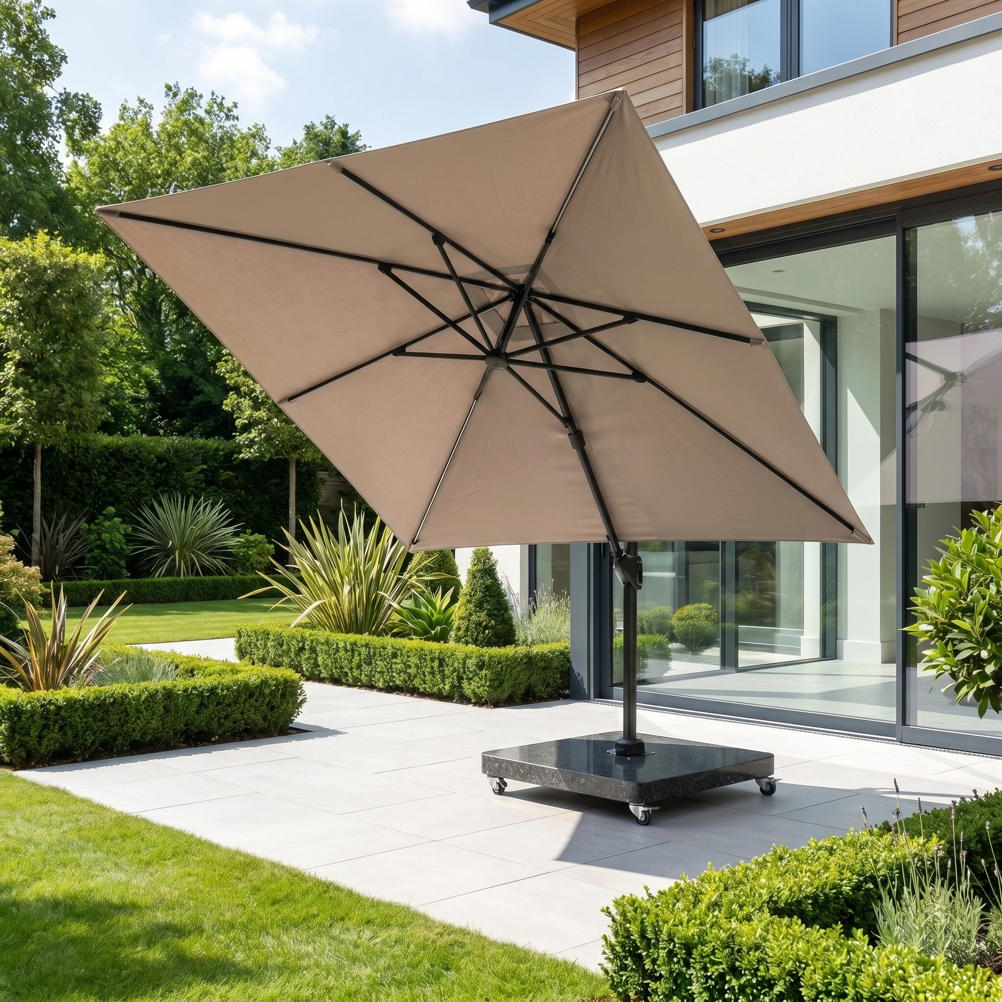 Pacific Lifestyle Glow Challenger T2 3m Square Cantilever Parasol in Taupe with 90kg Granite Base