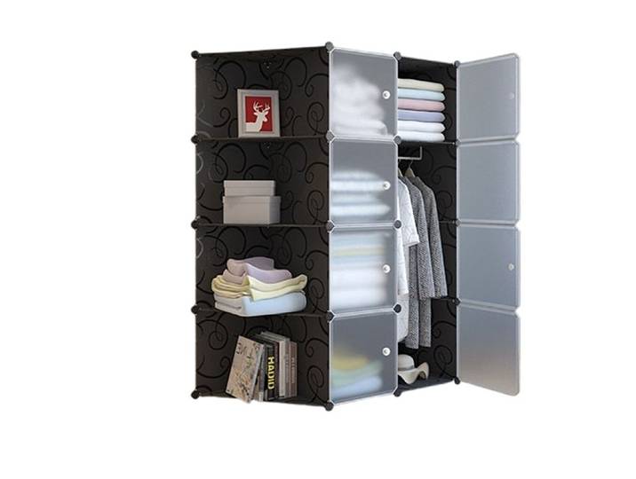 Penderie souple - Armoire de rangement penderie vêtements - en Plastique - 2 portes 4 niveaux 12 compartiments - H 147cm noir