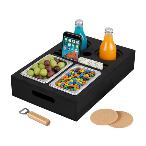 Relaxdays Couchbar van bamboe met rvs schaaltjes en glazenhouder, zwart