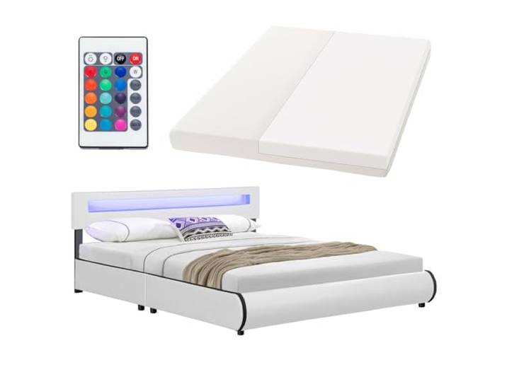 Juskys Polsterbett Sevilla 180x200 cm mit Matratze, LED Beleuchtung, Lattenrost & Kopfteil - Holz & Kunstleder - 16 Farbeinstellungen & Fernbedienung - Bett Bettgestell Doppelbett - Weiß