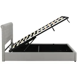 Polsterbett 140x190 cm mit hydraulischen Bettkasten und Nietendesign – elegantes und gemütliches Erscheinungsbild Grau