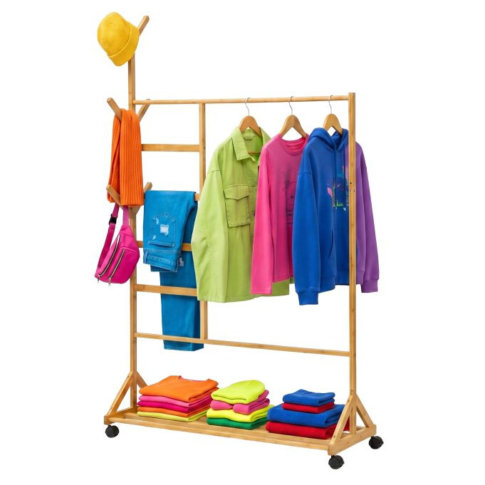 Relaxdays Bamboe kledingrek met wieltjes en schoenenrek, beige/bruin
