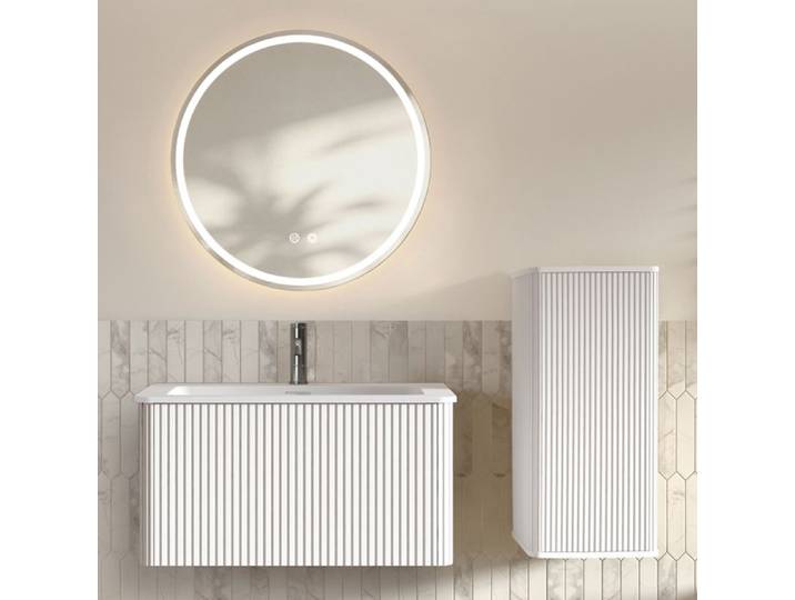 Meuble vasque blanc avec miroir LED rangement mural en MDF pour salle de bain moderne et organisée