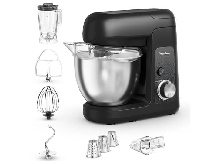 Moulinex - Bake Partner Robot pâtissier Bol 4.6 L - Inox - Noir Pétrin multifonction avec accessoires brevetés BakeGood - Moteur 1100 W - Blender et découpe-légumes pour 4 à 6 personnes