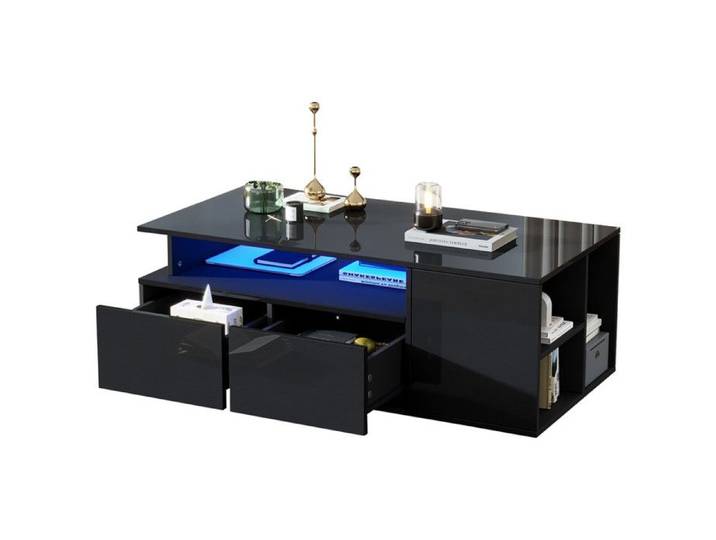 Table Basse Rectangulaire - Table Basse Moderne avec 2 Tiroirs+Rangement et Éclairage LED table de salon noire Brillance 100x50x35cm