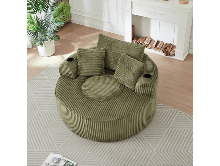 MEUBLIV Fauteuil lounge rond 1 place vert en velours côtelé 3 coussins 2 porte-gobelets et poches