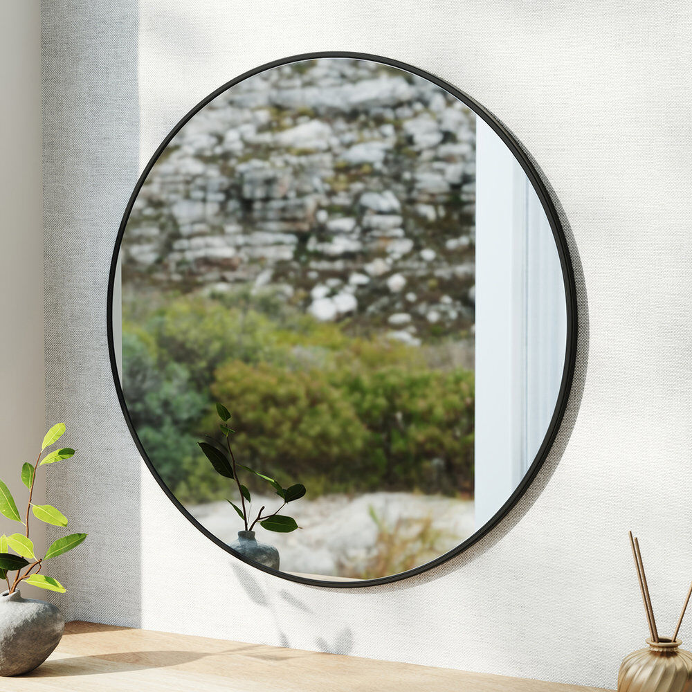 Willa Arlo Interiors Baum Nordic Round Bathroom Framed Mirror Wall Hanging Black 80cm H x 80cm W x 3.5cm D