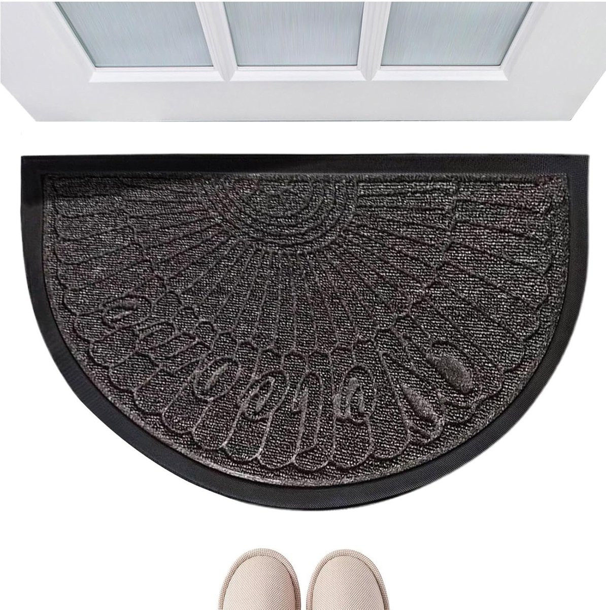 Donkergrijze halfronde binnendeurmat met antislip en absorberende eigenschappen, 40 x 60 cm
