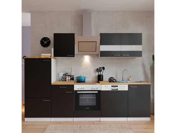 Cuisine Malia III avec hotte inclinée 280cm Noir/Noir/Blanc