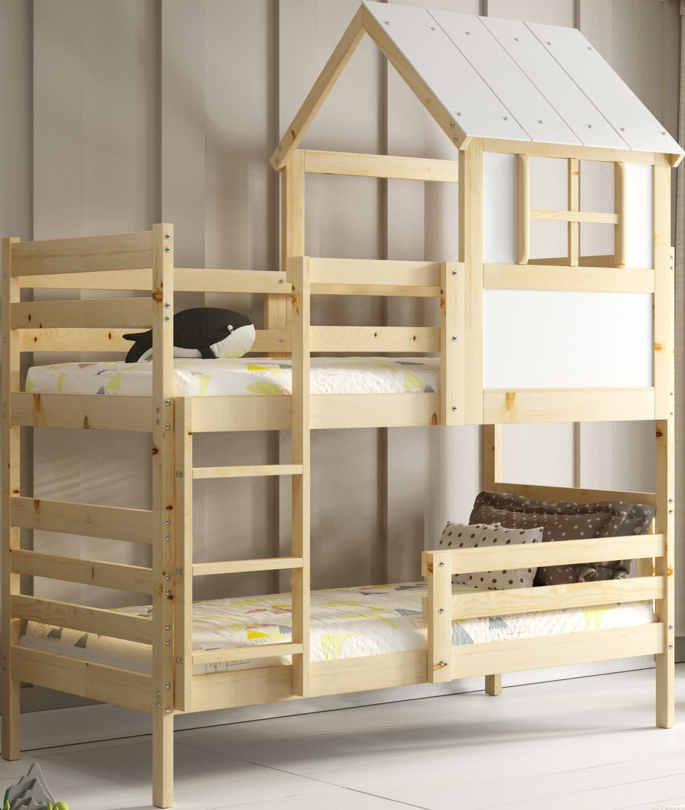 Interbeds Etagenbett Hausbett 190x90cm Hochbett Naturholz Massivholz 2 Plätze mit Rausfallschutz mit Lattenrost Bettgestell trennbar in 2 Einzelbetten