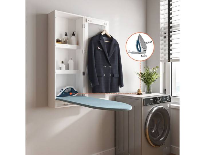 Armoire murale avec miroir et planche à repasser pliante rangement intérieur blanc MDF