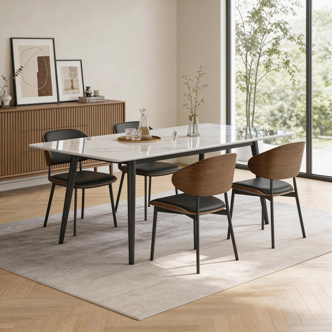 Ivy Bronx Modern Dining Table with Sintered Stone Top, White Matt Finish and Robust Carbon Steel Legs White 75cm H x 140cm W x 75cm D