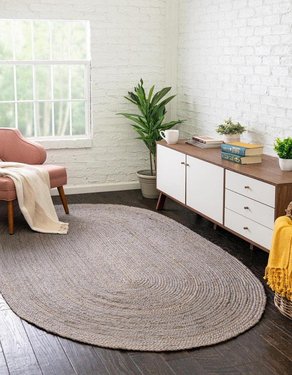Handgeweven Ovaal Jute Vloerkleed - Boho Design - Grijs