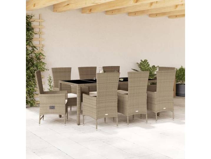 Ensemble à manger de jardin - - Beige - 9 pièces - Dossier réglable - Housses lavables
