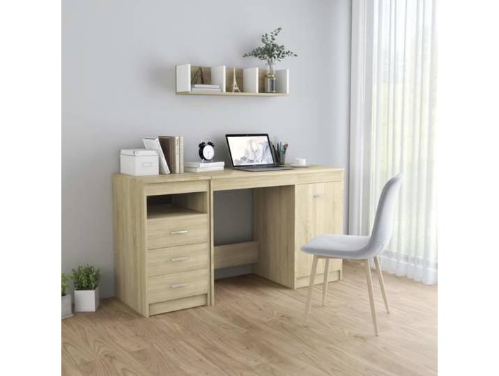 Bureau Chêne sonoma - Yoshihiro - 140x50x76 cm - 3 tiroirs - 1 porte