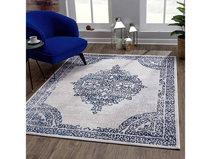 SANAT Evra Teppich für das Wohnzimmer - Kurzflorteppich mit traditionellem Design - geeignet für Wohnzimmer, Flure, Korridore, Esszimmer, Schlafzimmer und Küche - Grau Blau, 80 x 300 cm