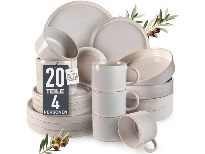 Moritz & Moritz Steingut Geschirrset 4 Personen Beige - Teller Set aus Steingut 20-teilig - Geschirr Set aus je 4 Dinnerteller, Dessertteller, Suppenteller, Schüsseln und Tassen - Serie Castello