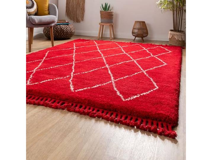 Steffensmeier Berber Teppich Beni Schurwolle, Rot, Größe: 140x200 cm, Original aus Marokko, Teppich für Wohnzimmer, Schlafzimmer