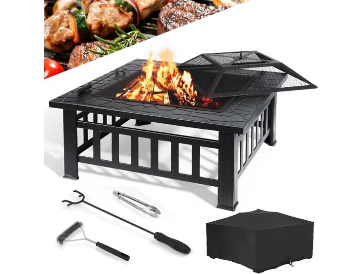 Cheminée de jardin avec panier à feu 81x81x45cm, avec gril (51x51cm) et couvercle étanche pour chauffer/griller, brasero en métal