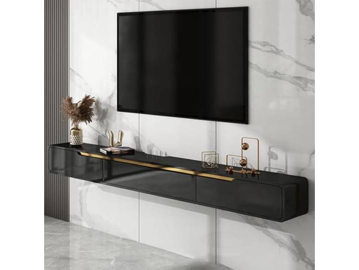 Ahtadums Massivholz TV Lowboard Hängend, TV Schrank hängend mit 2 Schubladen TV Board hängend Hängeschrank Wandregal komplett montiert (Schwarz A, 140cm)