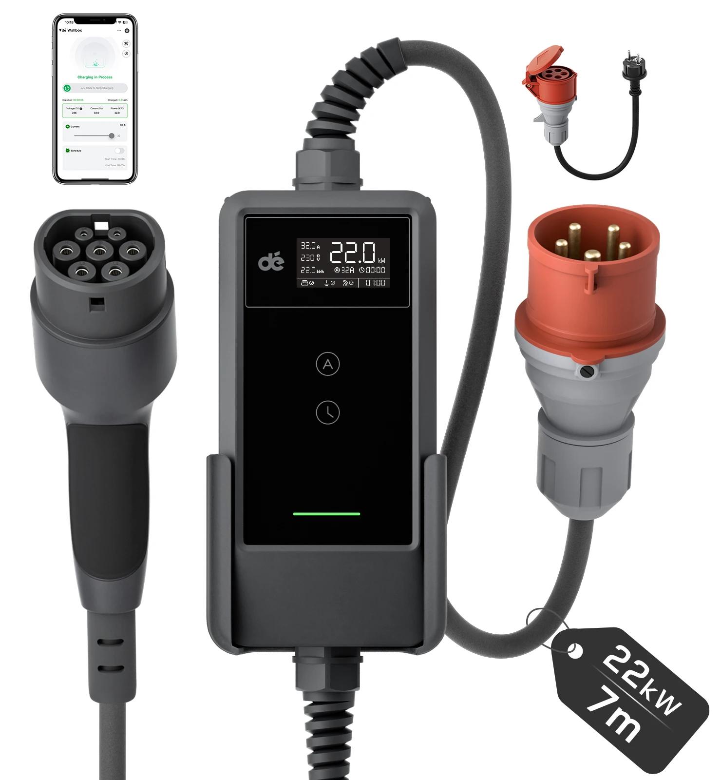 Mobile Wallbox - EV-Ladegerät - 22 kW - 32 A - 3-phasig - WLAN-App-Steuerung - 7 m - Wandmontage