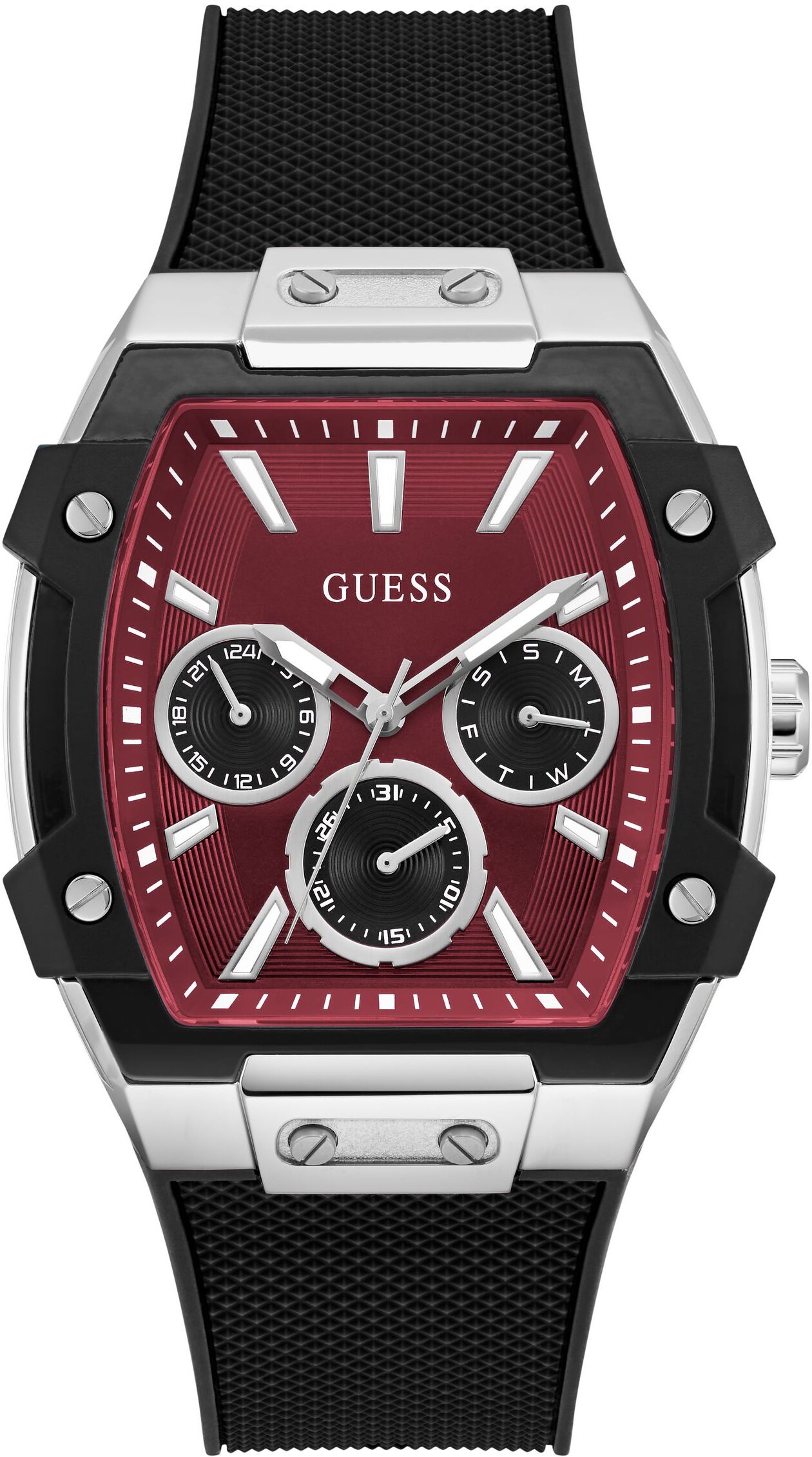 Multifunktionsuhr GUESS "PHOENIX", rot (schwarz, rot, rot), Armbanduhren, Herren, silberfarben, Multifunktionsuhr, Quarzuhr, Armbanduhr, Herrenuhr, Silikonarmband, analog, Wochentag